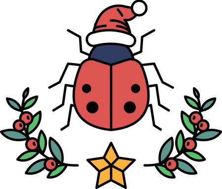A bug with a hat on its head is surrounded by leaves and a star. The bug is wearing a hat and he is in a festive moodのイラスト素材