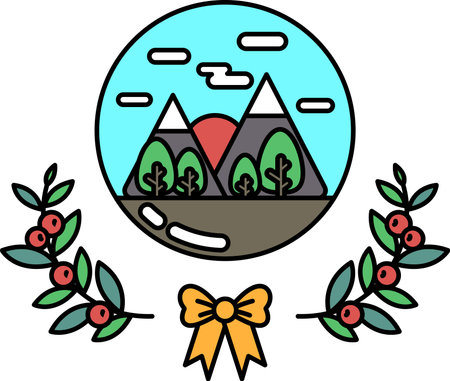 A mountain range is shown in the background of a drawing of a wreath. The wreath is surrounded by leaves and has a bow in the center. The drawing has a peaceful and serene mood, with the mountainsのイラスト素材