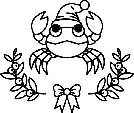 A crab wearing a Santa hat is surrounded by leaves and berries. The crab is the main focus of the image, and the leaves and berries provide a festive and seasonal touch. Scene is cheerful and playfulのイラスト素材