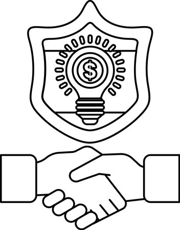 A shield with a light bulb on it and a dollar sign. The shield is being held by two hands, symbolizing a handshake. Concept of a successful business deal or partnershipのイラスト素材