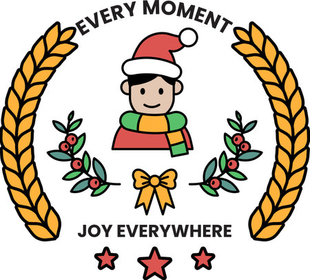 A black and white image of a smiling boy wearing a Santa hat and a scarf. The image is titled "Every moment joy everywhere"のイラスト素材