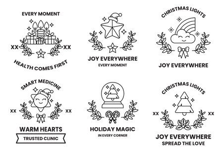 A set of Christmas themed stickers with a variety of designs and messagesのイラスト素材