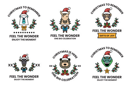 A collection of Christmas themed stickers featuring animals wearing Santa hatsのイラスト素材