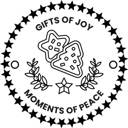 A black and white logo for gifts of joy moments of peace. The logo features a star and a tree, and the words gifts of joy and moments of peace are written around the edgeのイラスト素材