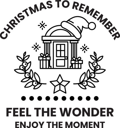 A black and white Christmas card with a house and a hat on it. The text reads "Christmas to Remember" and "Feel the Wonder"のイラスト素材