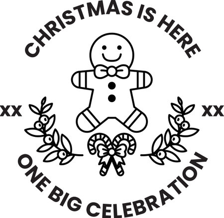 A Christmas is here logo with a gingerbread man on it. The logo is black and white