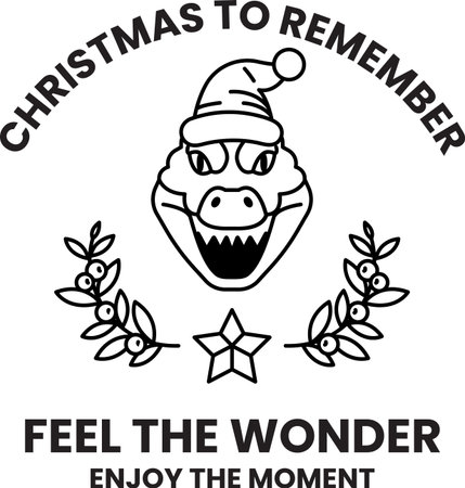 A black and white image of a dinosaur with a Christmas hat on it. The image is titled "Christmas to Remember" and is meant to evoke feelings of joy and wonderのイラスト素材
