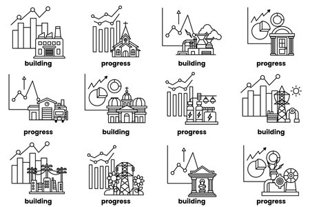 The image is a series of buildings and construction sitesのイラスト素材