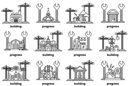 The image is a series of buildings and construction sitesのイラスト素材
