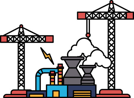A black and white drawing of a construction site with two cranes and a large building. Scene is industrial and powerfulのイラスト素材