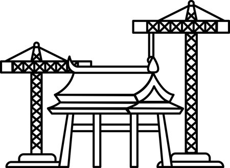 A building with a crane in front of it. The crane is in the foreground and the building is in the backgroundのイラスト素材