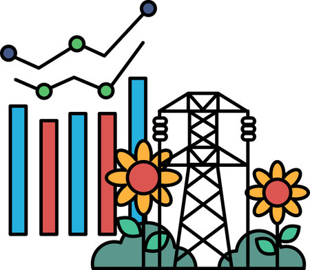 A black and white drawing of a power plant with a line graph and a flower. The graph shows a downward trend, while the flower represents growth and life. Concept of progress and developmentのイラスト素材