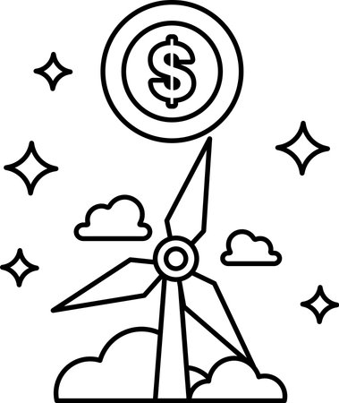 A windmill with a dollar sign on top of it. The dollar sign is surrounded by stars