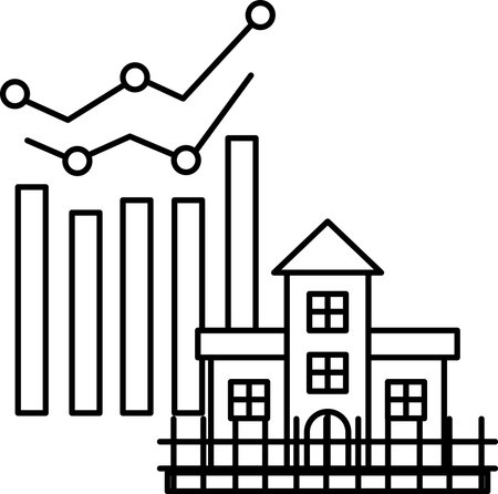 A graph with a house and a fence in the background. The graph shows a decline in the number of houses in the areaのイラスト素材