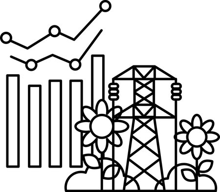 A black and white drawing of a power plant with a line graph and a flower. The graph shows a downward trend, while the flower represents growth and life. Concept of progress and developmentのイラスト素材