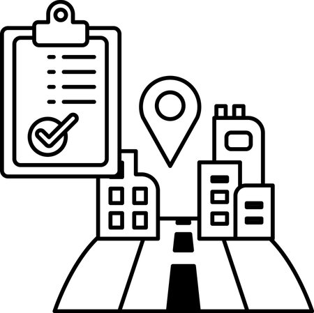 A city street with a check mark on a clipboard and a map of the area. Scene is that of a busy city street with people going about their daily livesのイラスト素材