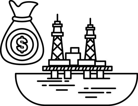 A black and white drawing of a large bag of money and a large oil rig. The money bag is labeled with the word "dollar" and is placed on the left side of the imageのイラスト素材