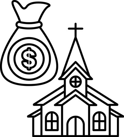 A church with a bag of money next to it. The bag has a dollar sign on itのイラスト素材