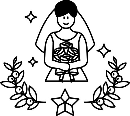 A bride is holding a bouquet of roses and is smiling. The image is black and white and has a simple, elegant designのイラスト素材