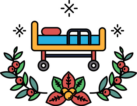 A bed with a wheeled frame is surrounded by leaves. The bed is in a hospital settingのイラスト素材