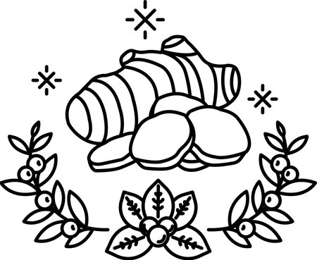 A drawing of a bunch of herbs and berries with a leafy border. The herbs are ginger and garlic