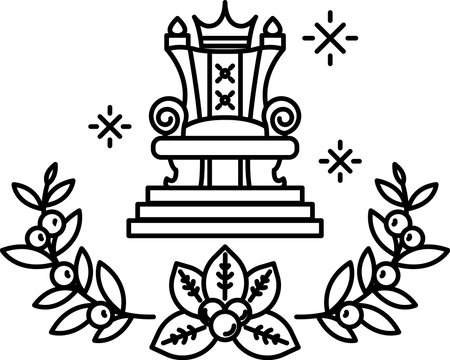 A black and white drawing of a throne with a crown on top and a flowery border. Concept of royalty and powerのイラスト素材