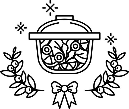 A black and white drawing of a pot with a bunch of vegetables in it. The pot is surrounded by a wreath of leaves and a bow. Concept of warmth and comfortのイラスト素材