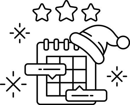 A calendar with a hat on it and stars around it. The calendar is black and whiteのイラスト素材