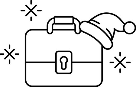 A suitcase with a hat on top of it. The suitcase is black and white. The suitcase is decorated with snowflakesのイラスト素材