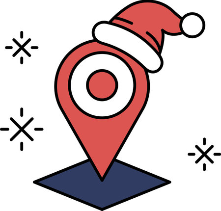 A black and white drawing of a Christmas hat with a star on it. The hat is on top of a map with a pin on itのイラスト素材