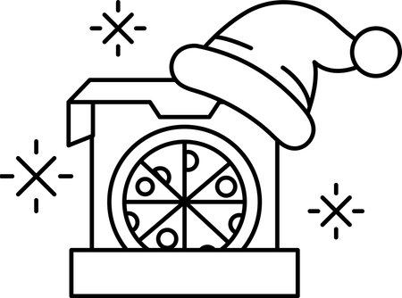 A pizza is placed inside a box, with a Santa hat placed on top of it. The hat is decorated with a white ribbon, and it is a festive and playful design. The pizza itself is a large, round shapeのイラスト素材