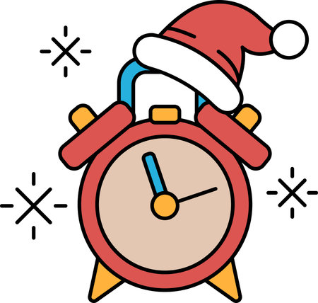 A black and white drawing of an alarm clock with a Santa hat on top. The clock is set to the time of 10:00のイラスト素材