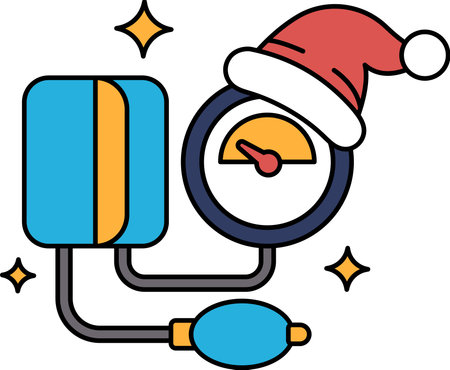 A black and white drawing of a blood pressure cuff with a Santa hat on top. The drawing is of a...