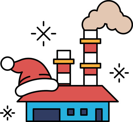 A factory with a hat on top of it. The factory is surrounded by snowのイラスト素材
