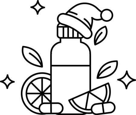 A bottle of medicine is surrounded by a leafy green plant and an orange. The bottle is in the center of the image and the orange is on the right sideのイラスト素材