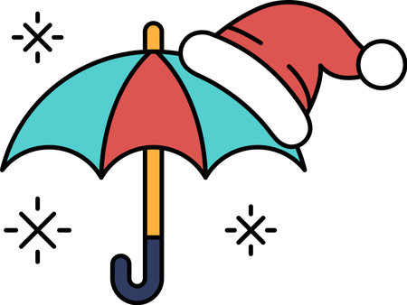 A black and white drawing of an umbrella with a hat on top of it. The image has a festive and playful moodのイラスト素材