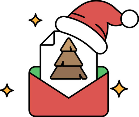 A white Christmas tree is inside a white envelope with a hat on top of it. The hat is decorated with starsのイラスト素材