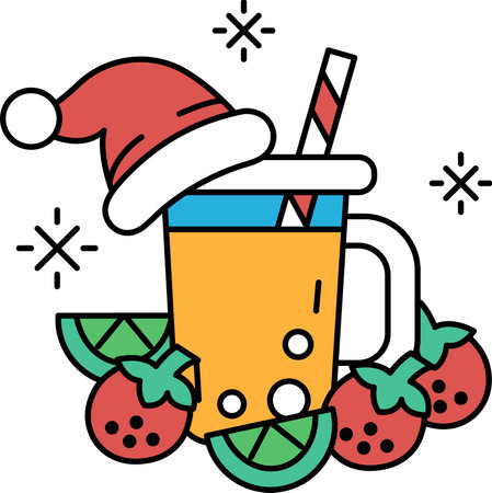 A straw is in a cup with a hat on top. The hat is red and white. The cup is filled with fruitのイラスト素材