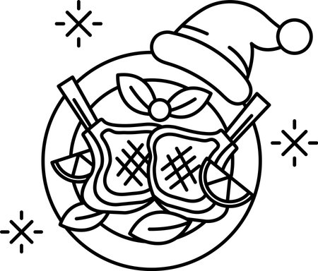 A plate of food with a hat on it. The hat is white and has a red star on itのイラスト素材