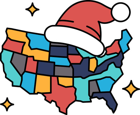A map of the United States with a Santa hat on top. The hat is placed on the map in such a way that it covers the entire mapのイラスト素材