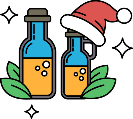 Two bottles of liquid with a hat on top of them. The bottles are next to each otherのイラスト素材
