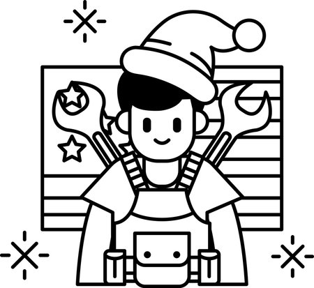 A man in a Santa hat is holding a wrench. He is smiling and he is a handymanのイラスト素材
