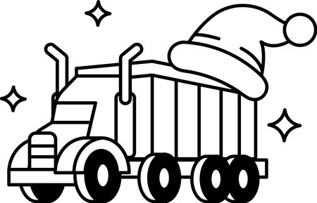 A truck with a Santa hat on it. The truck is black and whiteのイラスト素材