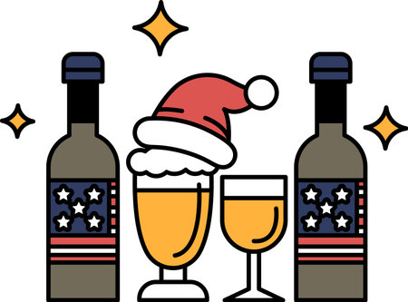 A black and white drawing of a bottle of wine and a wine glass with a hat on top of itのイラスト素材