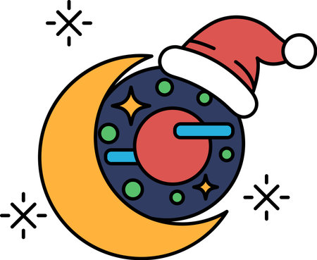 A simple drawing of a donut with a hat on top and a star on the side. The donut is placed on top of a crescent moon, which is surrounded by starsのイラスト素材