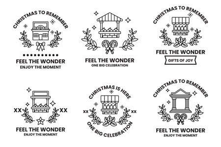 The image is a collection of Christmas-themed designs, including a Christmas tree, a house, and a church. The designs are all black and white, and they all have a similar theme of Christmasのイラスト素材