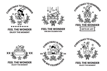 A set of six Christmas cards with a theme of feeling the wonder. Each card features a different scene or character, such as a child in a bed or a woman holding a babyのイラスト素材