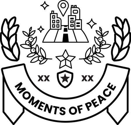 A black and white logo with a ribbon and a star. The ribbon has a star on it and the word moments of peace is written on itのイラスト素材