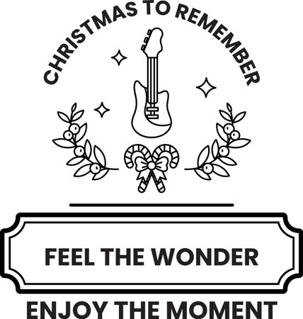 A guitar is on a Christmas card that says "Christmas to Remember". The card is black and white and has a wreath and candy cane decorations. The message on the card is "Feel the Wonder"のイラスト素材