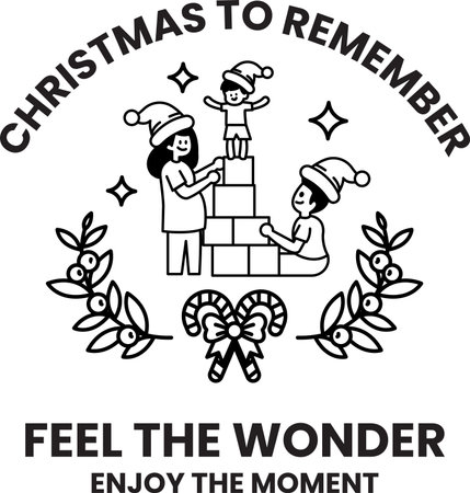 A black and white Christmas card with a family of three children building a tower of blocks. The card reads "Christmas to Remember" and encourages the reader to feel the wonder of the momentのイラスト素材
